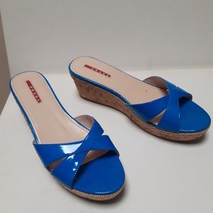 Blue Prada patent leather wedge shoes